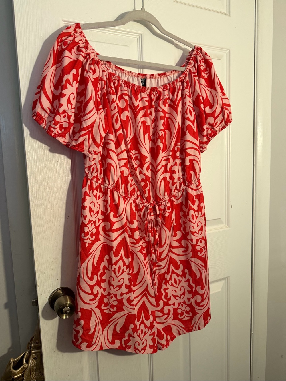 SHEIN Red & White Off-Shoulder Drawstring romper